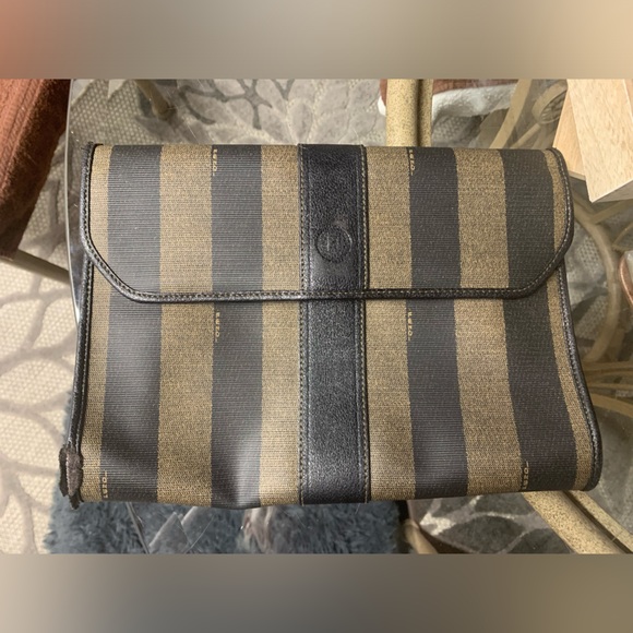 Vintage FENDI Pequin Stripe Vinyl Clutch Flap Hand Bag
